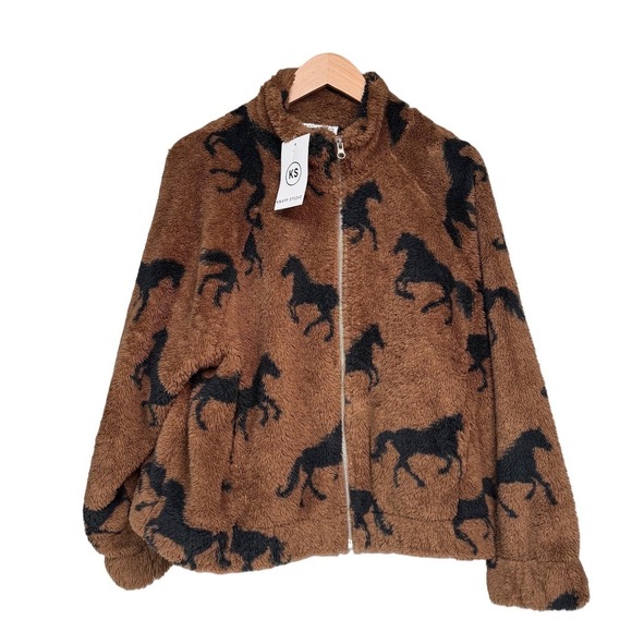 NWT Knapp Studio Horse Print Fleece Jacket Brown Black Full Zip Sherpa Large - Picture 3 of 8
